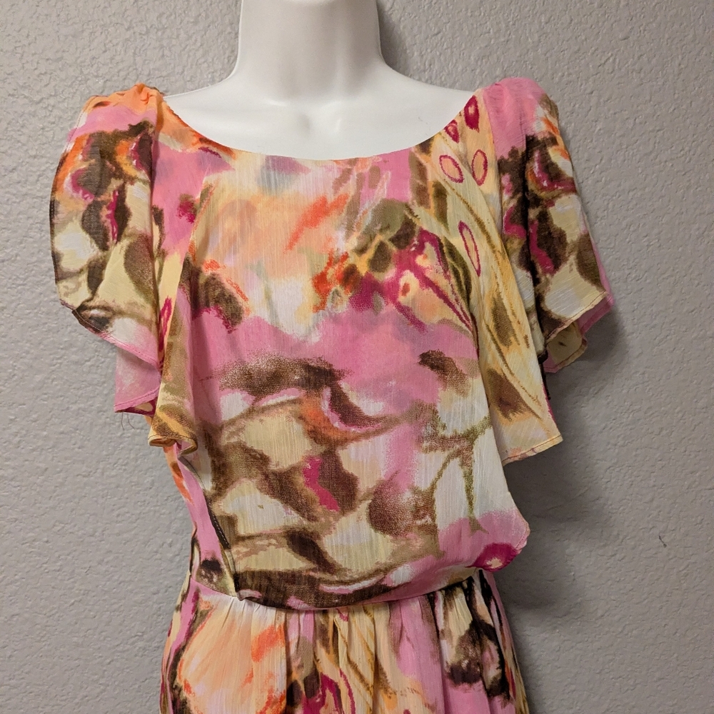 Emma & Michele Pink and Brown Floral Mini Dress Chiffon Overlay Sz. 12 - Picture 10 of 12